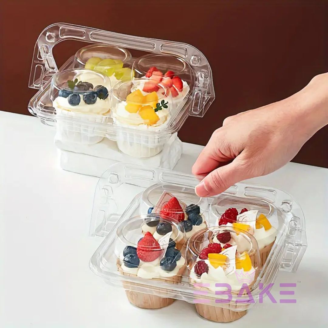 4 Cavity Plastic Cupcake Box With Handle / Clear Portable Cupcake Holder (Set of 5 Pieces)
