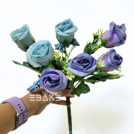 A1324 Blue Bud Rose Bunch With Fillers (7 Bud Roses & Fillers)