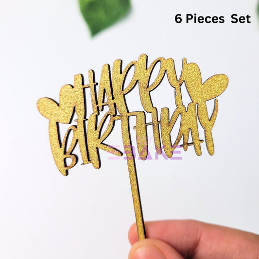 Happy Birthday Mini Topper Gold Glitter (Set of 6) MDF