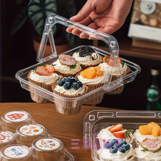 6 Cavity Plastic Cupcake Box With Handle / Clear Portable Cupcake Holder (Set of 5 Pieces)
