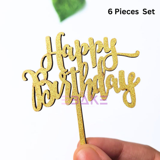 Happy Birthday Mini Topper Gold Glitter (Set of 6) MDF