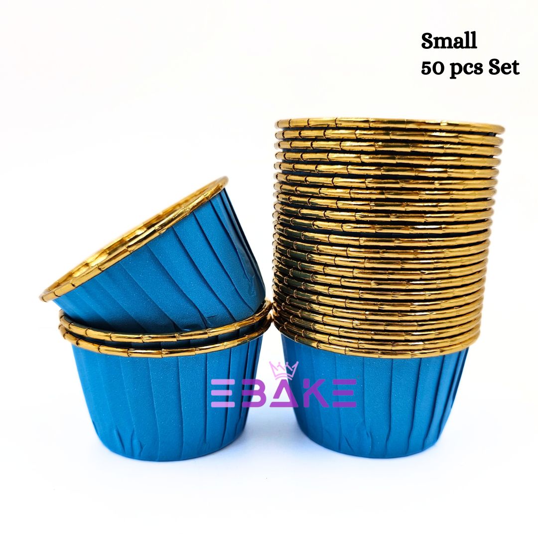 Small Imported Golden Lined Rolled Rim Muffin Cup / Cupcake Liners - Blue (Set of 50 pieces)