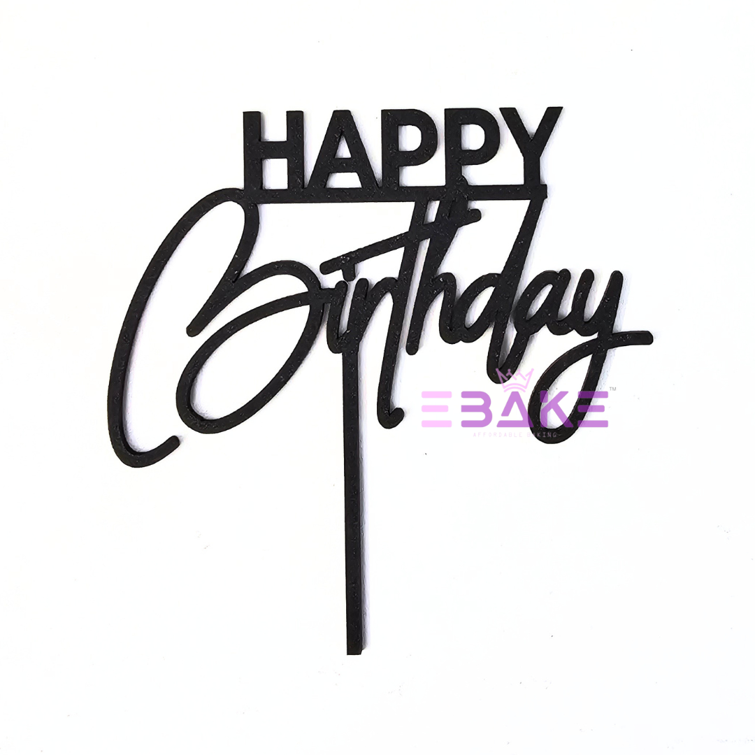 Happy Birthday Cake Topper Black Shimmer MDF