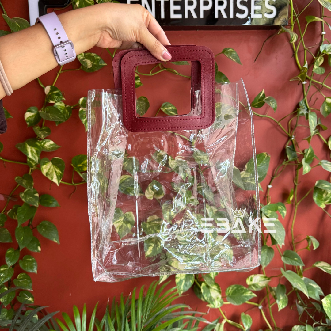 Large Transparent PVC Hamper Bag/Goodie Bag (25x28x14 cm) Maroon Square Handle - Single Piece