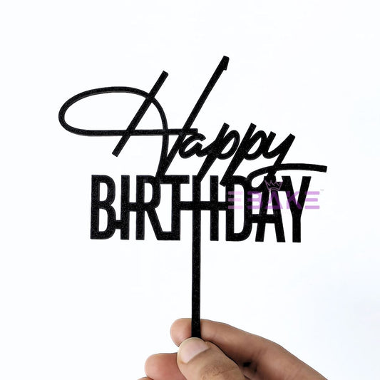Happy Birthday Cake Topper Black Shimmer MDF