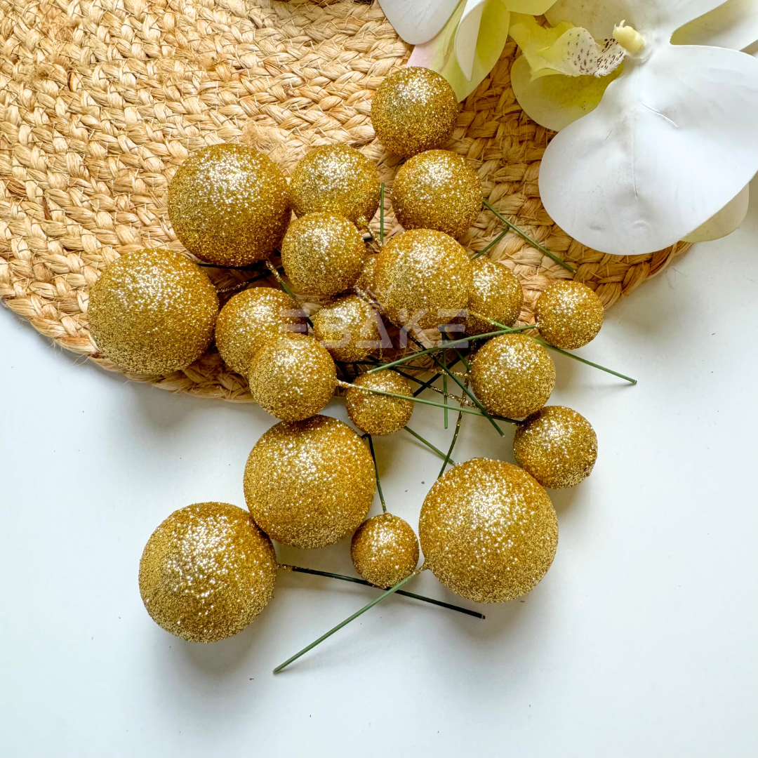 Golden Glitter Faux Balls - Set Of 20 Pieces