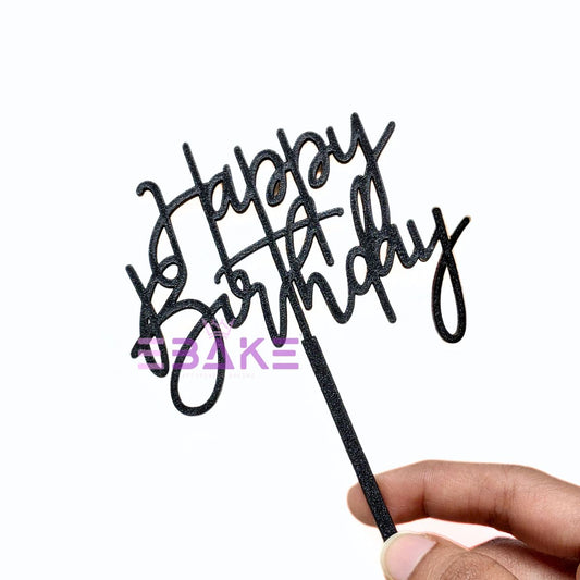 Happy Birthday Cake Topper Black Shimmer MDF