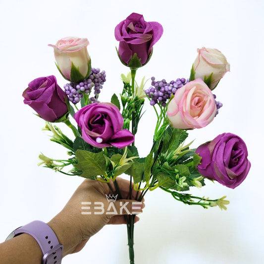 A1323 Purple &Shaded Pink Bud Rose Bunch With Fillers  (7 Bud Roses & Fillers)