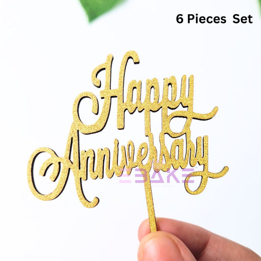 Happy Anniversary Mini Topper Gold Glitter (Set of 6) MDF