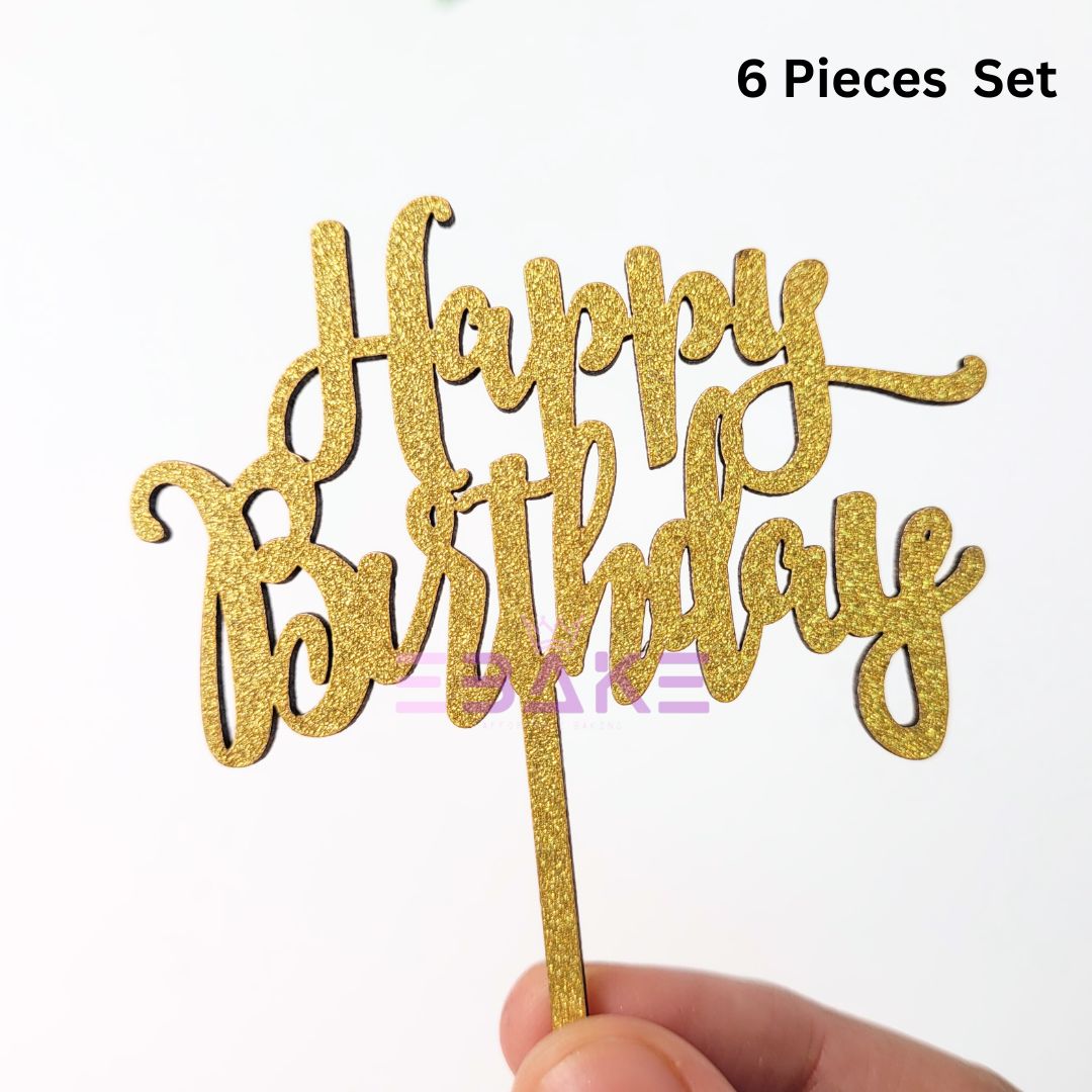 Happy Birthday Mini Topper Gold Glitter (Set of 6) MDF