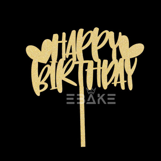 Happy Birthday Cake Topper Gold Shimmer MDF