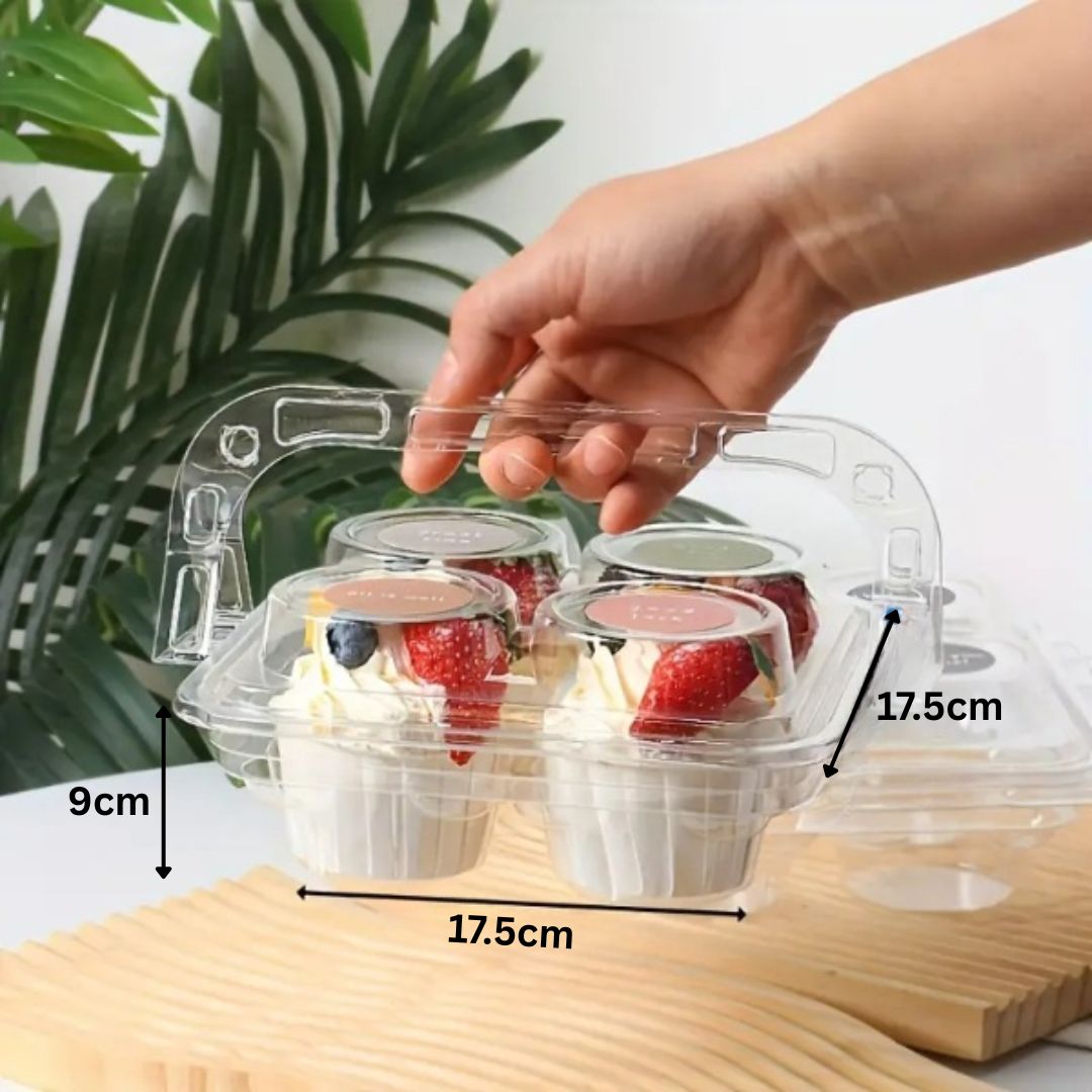 4 Cavity Plastic Cupcake Box With Handle / Clear Portable Cupcake Holder (Set of 5 Pieces)