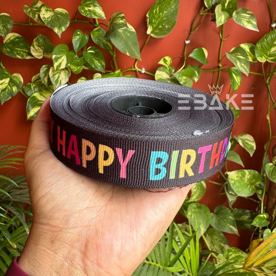 Happy Birthday Printed Black Grosgrain Ribbon