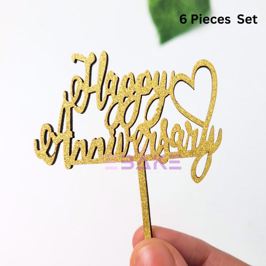 Happy Anniversary Mini Topper Gold Glitter (Set of 6) MDF