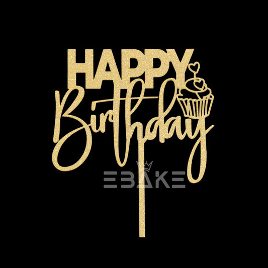 Happy Birthday Cake Topper Gold Shimmer MDF