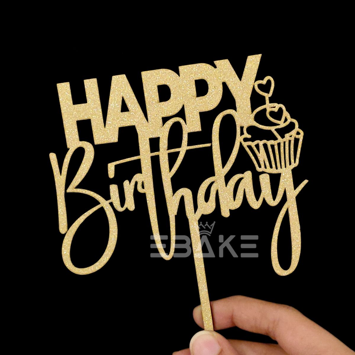 Happy Birthday Cake Topper Gold Shimmer MDF