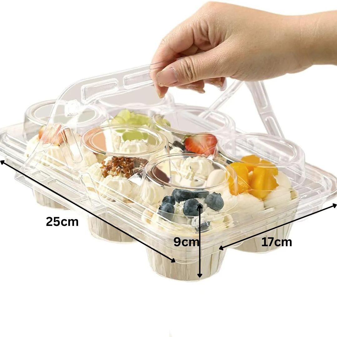 6 Cavity Plastic Cupcake Box With Handle / Clear Portable Cupcake Holder (Set of 5 Pieces)