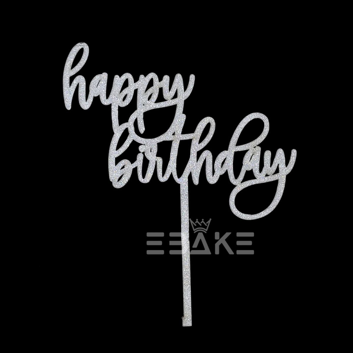 Happy Birthday Cake Topper 5 Inch Silver Shimmer MDF