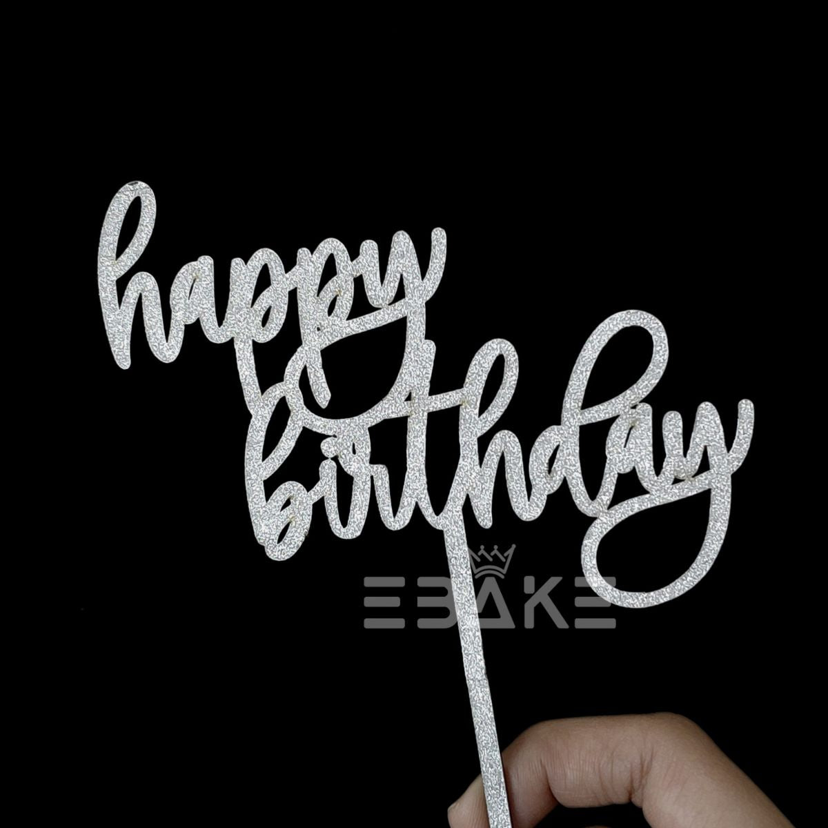 Happy Birthday Cake Topper 5 Inch Silver Shimmer MDF