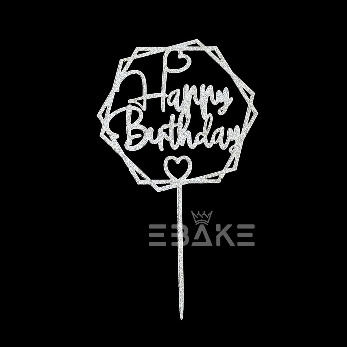 Happy Birthday Cake Topper 5 Inch Silver Shimmer MDF
