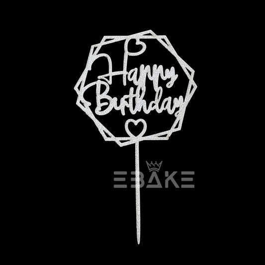 Happy Birthday Cake Topper 5 Inch Silver Shimmer MDF