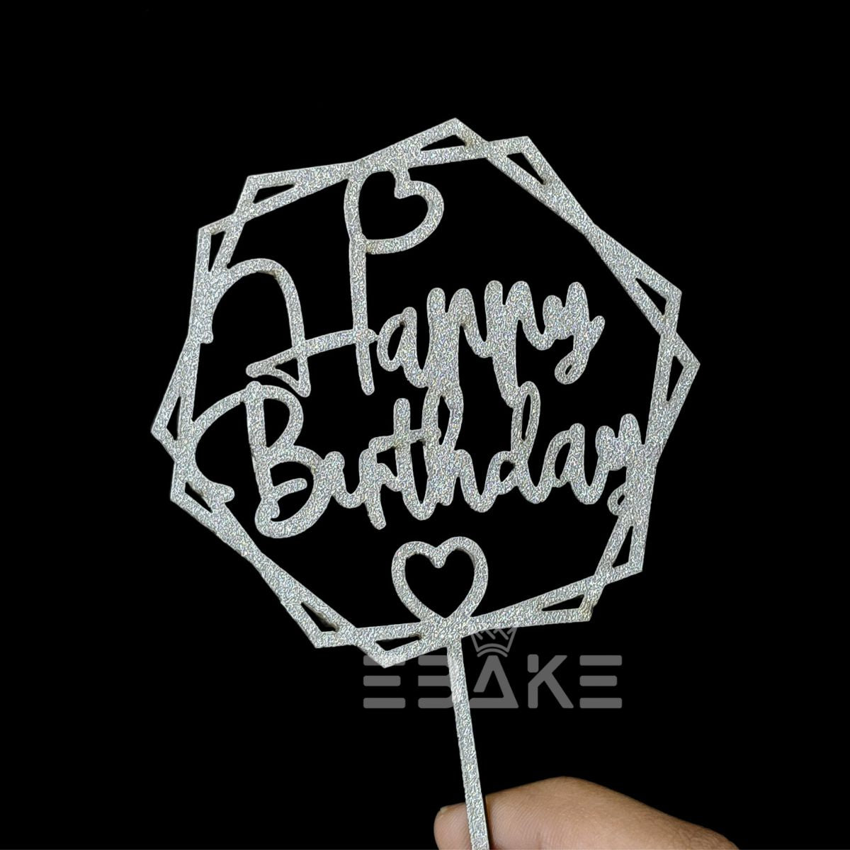 Happy Birthday Cake Topper 5 Inch Silver Shimmer MDF