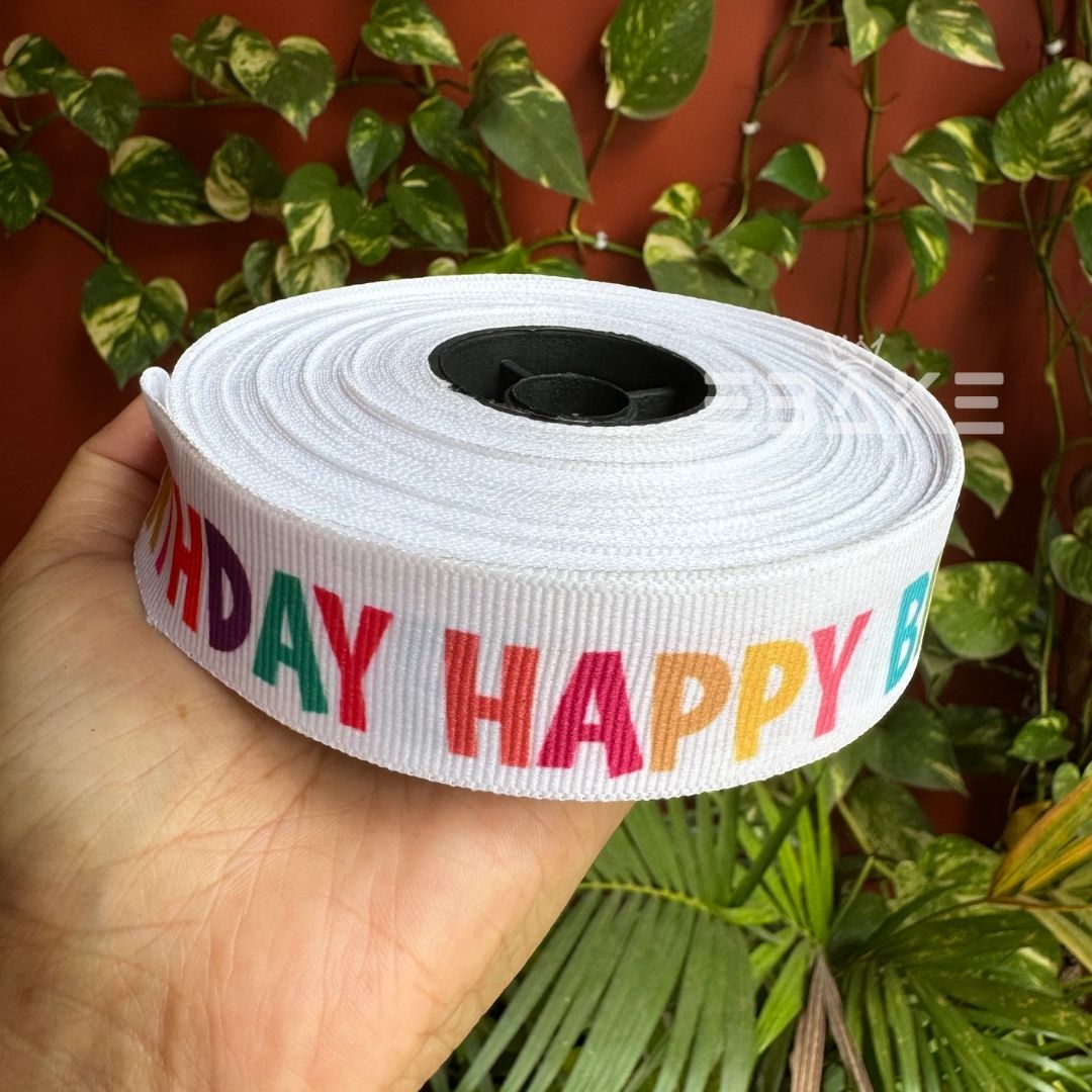 Happy Birthday Printed White Grosgrain Ribbon