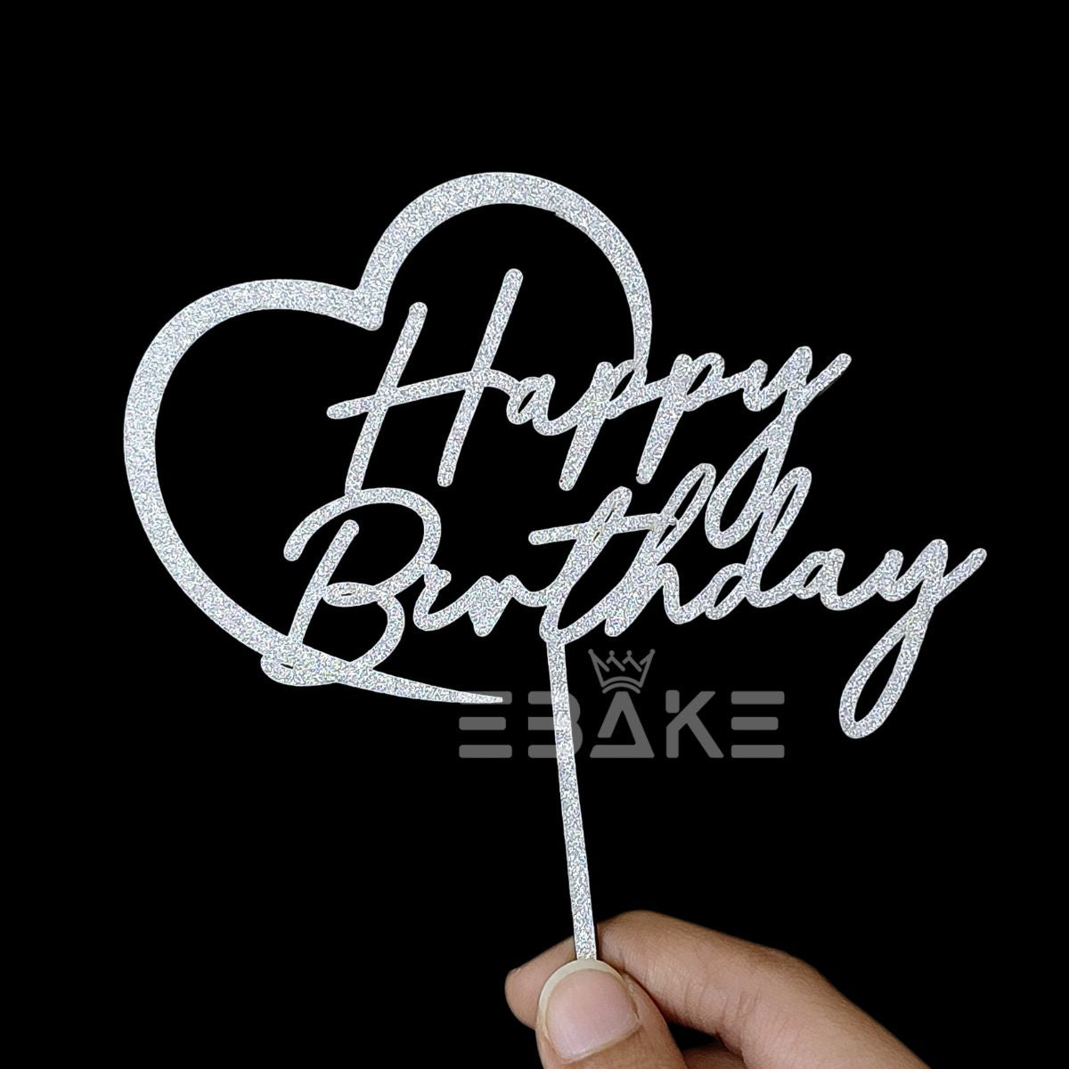 Happy Birthday Cake Topper 5 Inch Silver Shimmer MDF