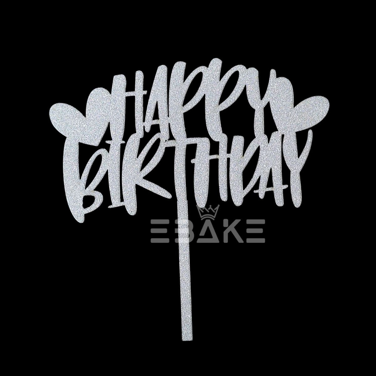 Happy Birthday Cake Topper 5 Inch Silver Shimmer MDF