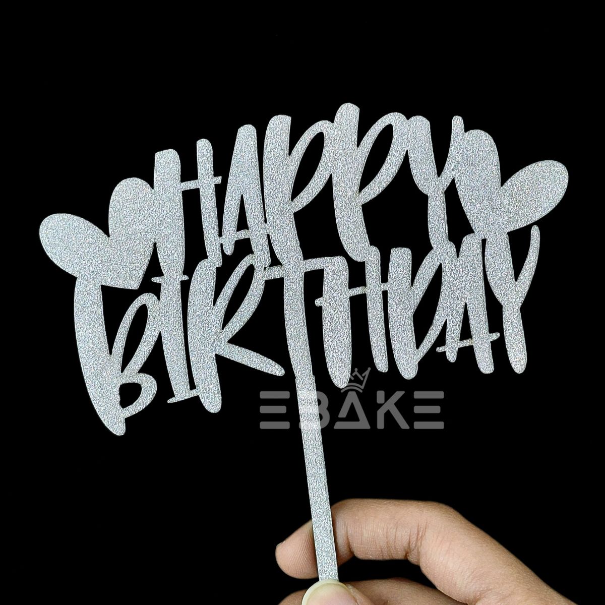 Happy Birthday Cake Topper 5 Inch Silver Shimmer MDF