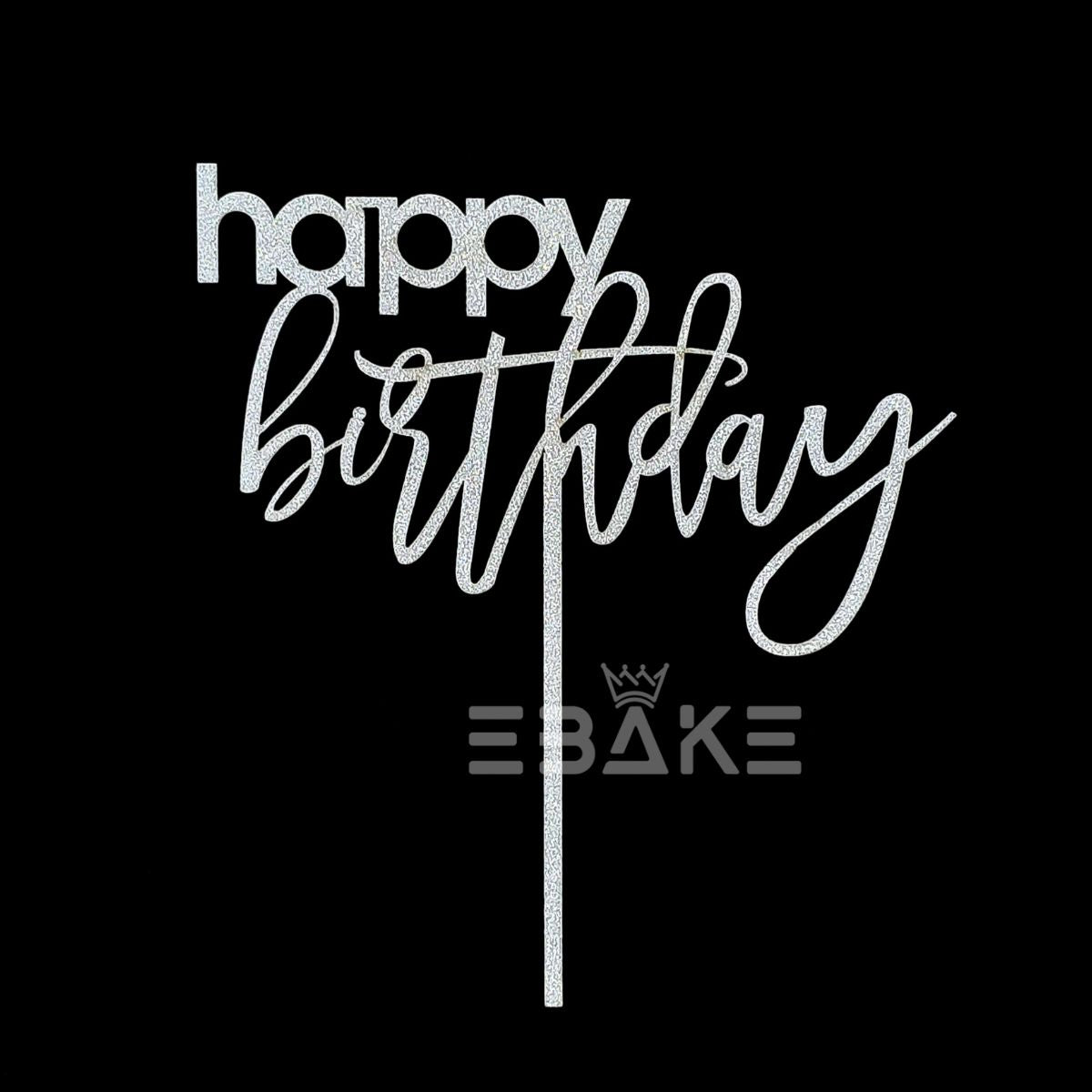 Happy Birthday Cake Topper 5 Inch Silver Shimmer MDF
