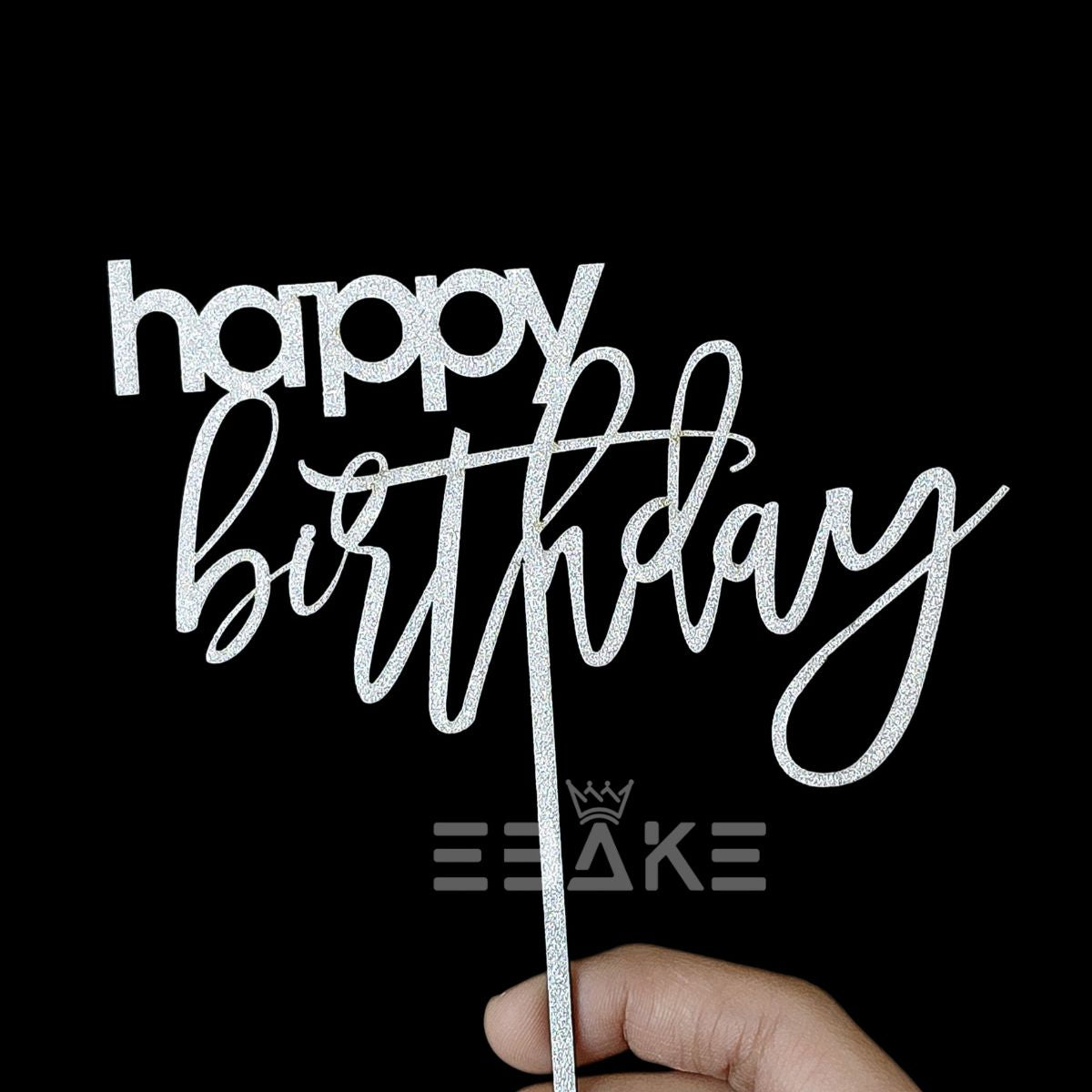 Happy Birthday Cake Topper 5 Inch Silver Shimmer MDF