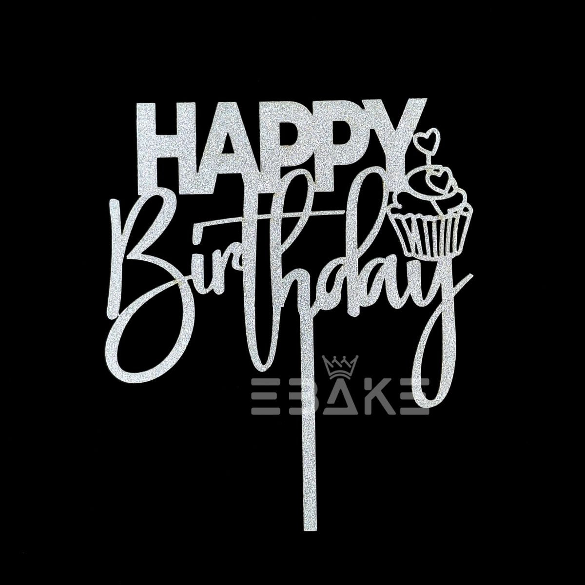 Happy Birthday Cake Topper 5 Inch Silver Shimmer MDF