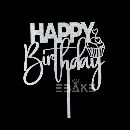 Happy Birthday Cake Topper 5 Inch Silver Shimmer MDF