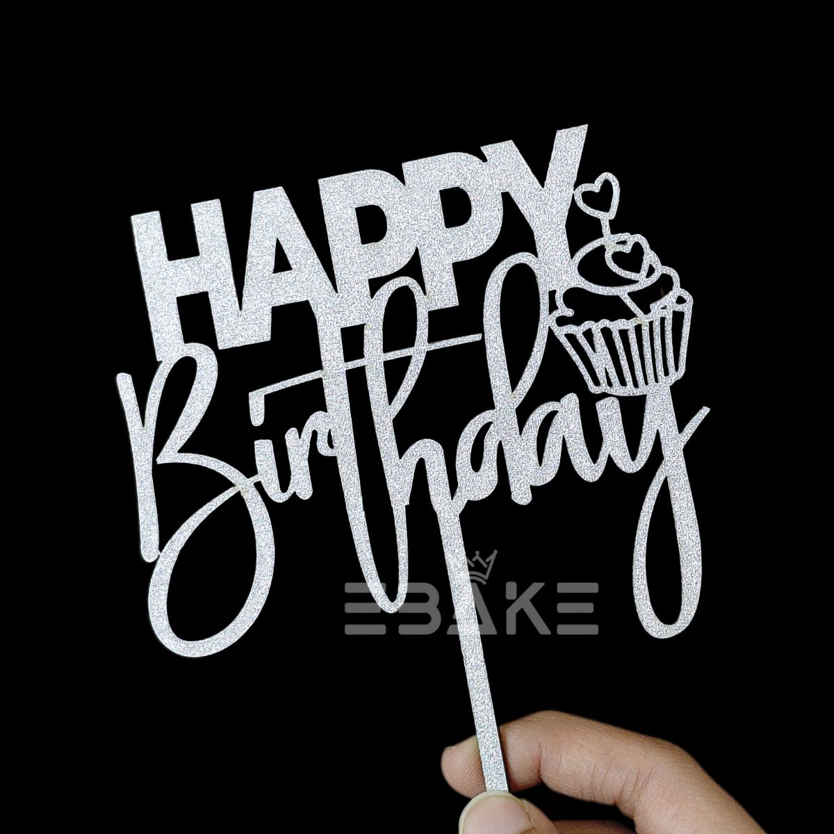 Happy Birthday Cake Topper 5 Inch Silver Shimmer MDF