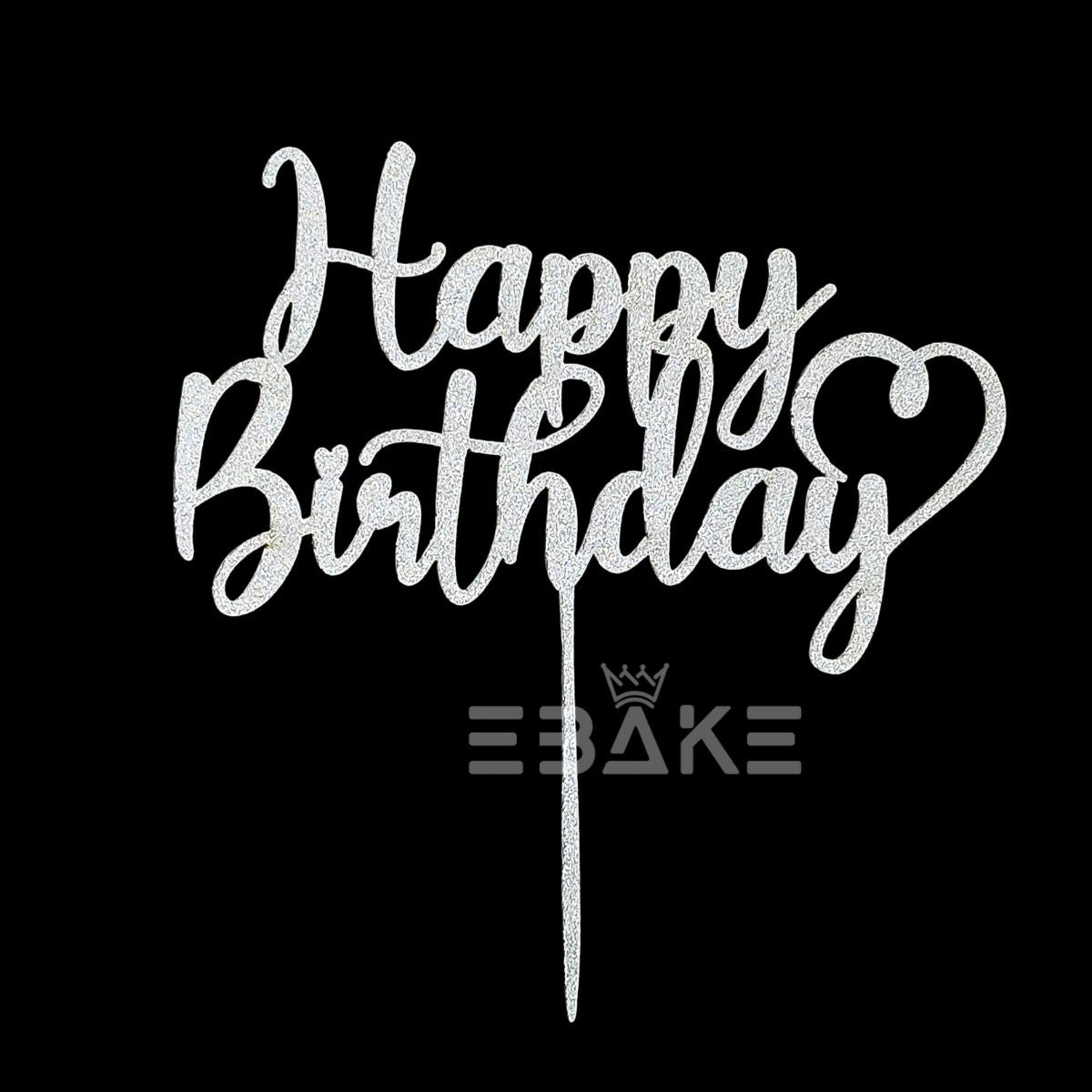 Happy Birthday Cake Topper 5 Inch Silver Shimmer MDF