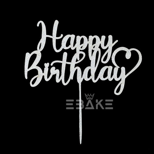 Happy Birthday Cake Topper 5 Inch Silver Shimmer MDF