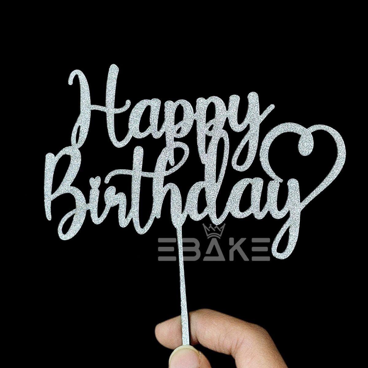 Happy Birthday Cake Topper 5 Inch Silver Shimmer MDF