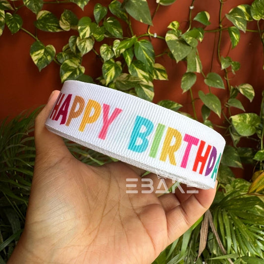 Happy Birthday Printed White Grosgrain Ribbon