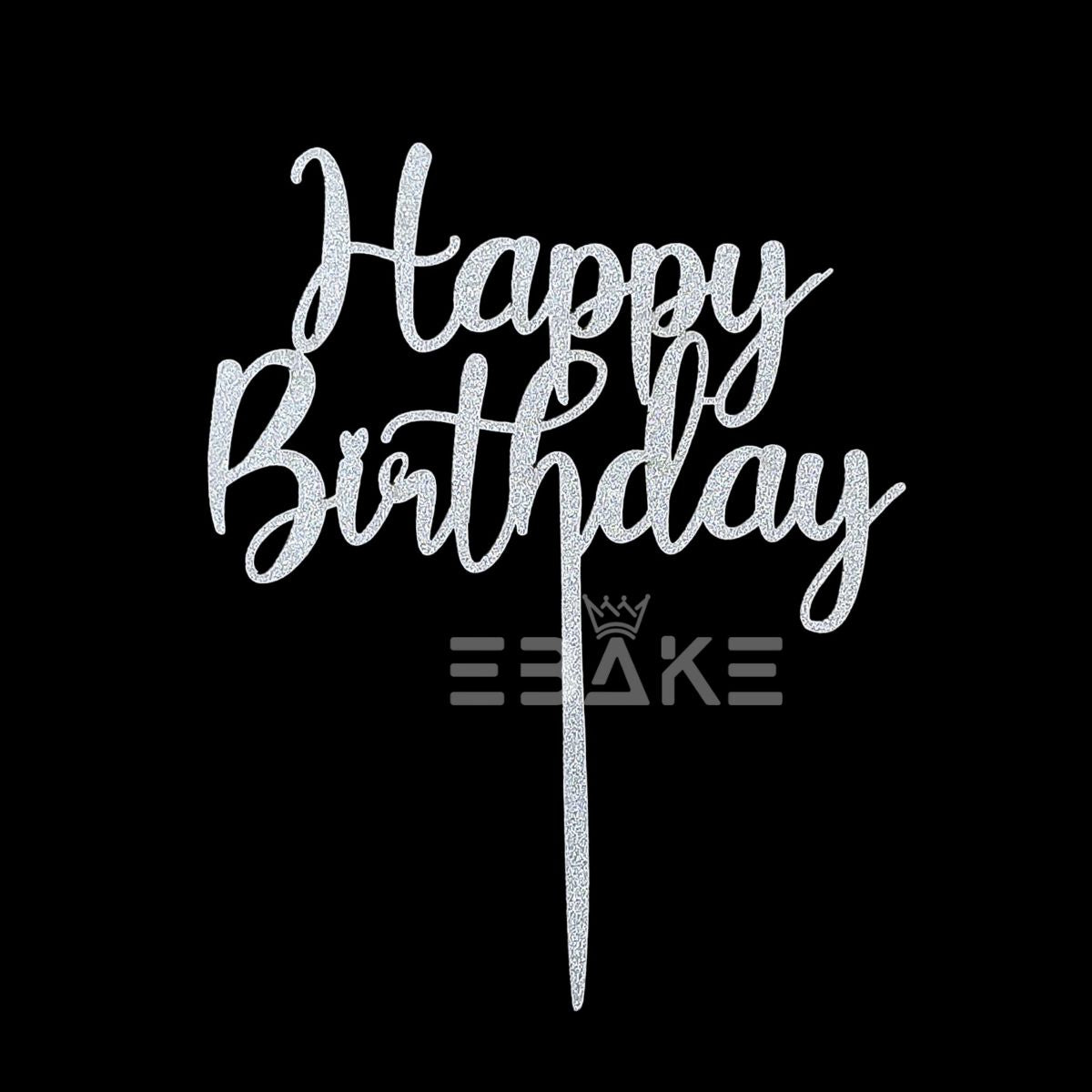 Happy Birthday Cake Topper 5 Inch Silver Shimmer MDF