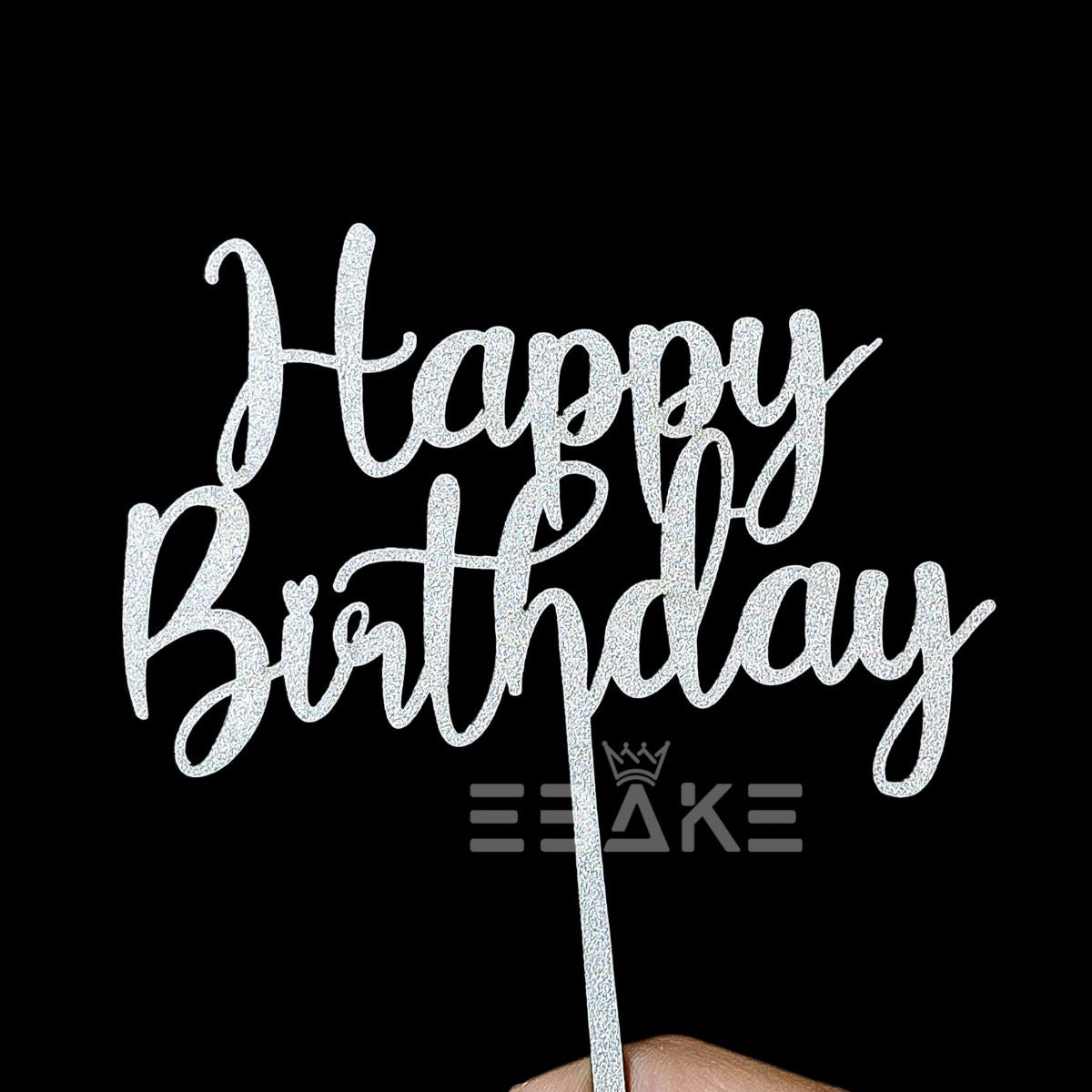 Happy Birthday Cake Topper 5 Inch Silver Shimmer MDF