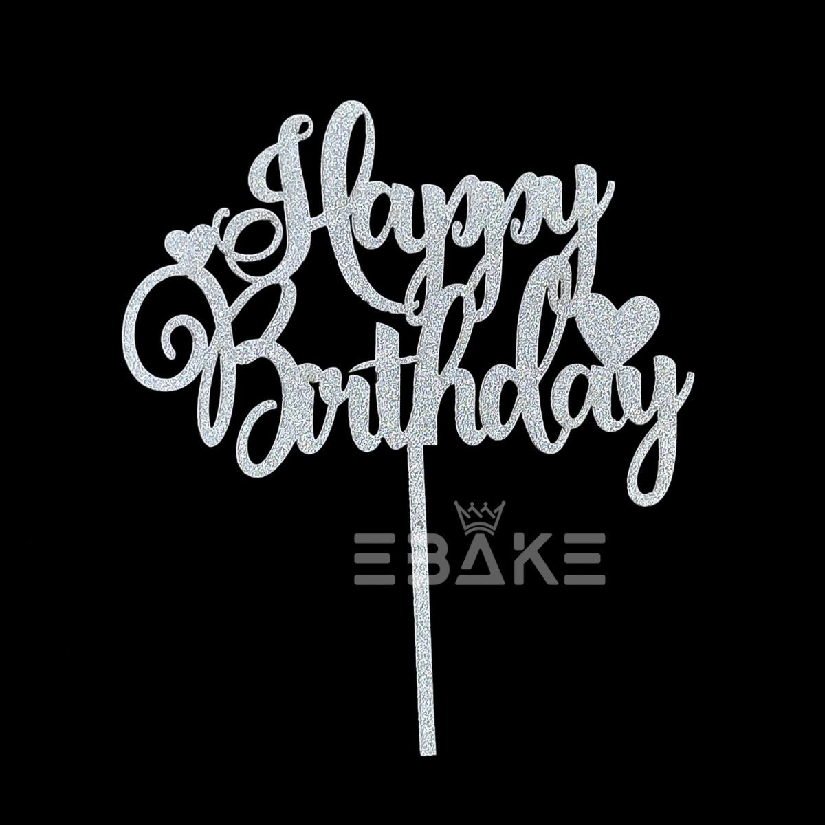 Happy Birthday Cake Topper 5 Inch Silver Shimmer MDF