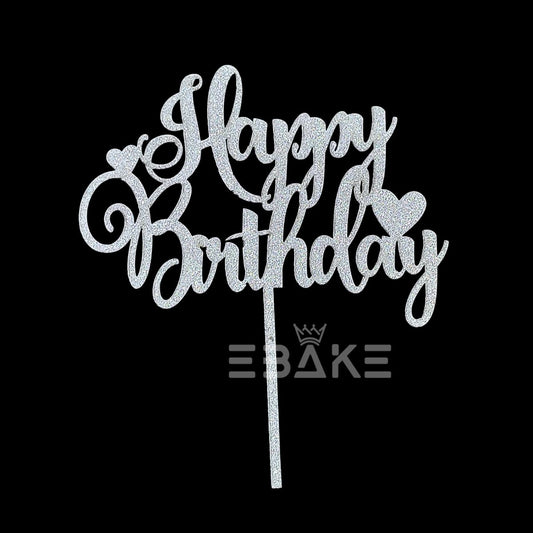 Happy Birthday Cake Topper 5 Inch Silver Shimmer MDF