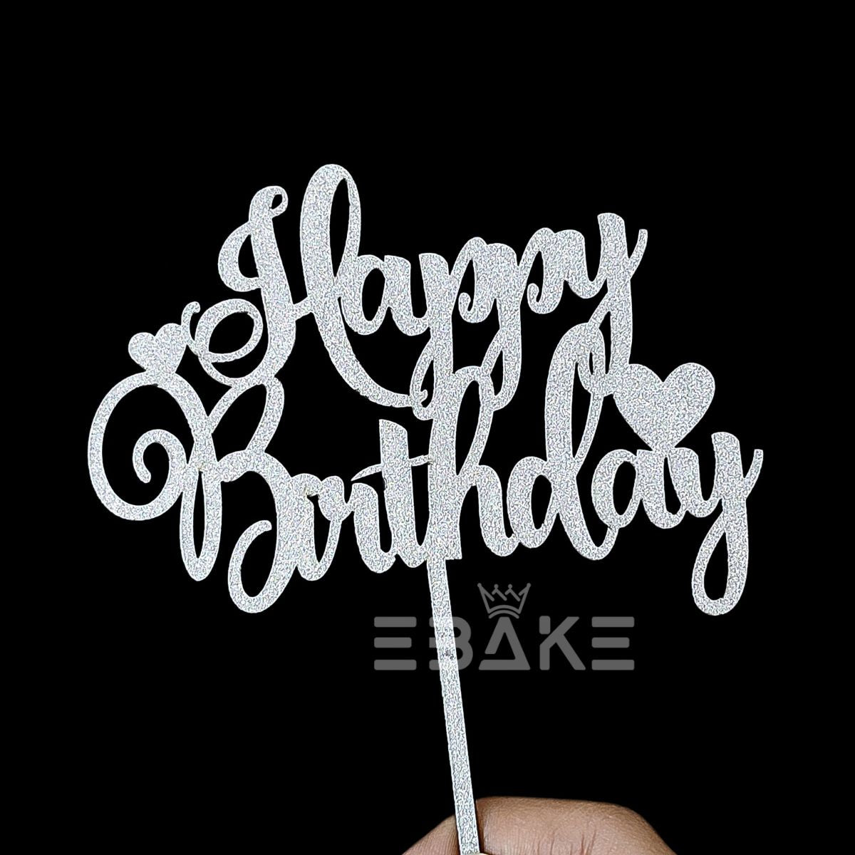 Happy Birthday Cake Topper 5 Inch Silver Shimmer MDF