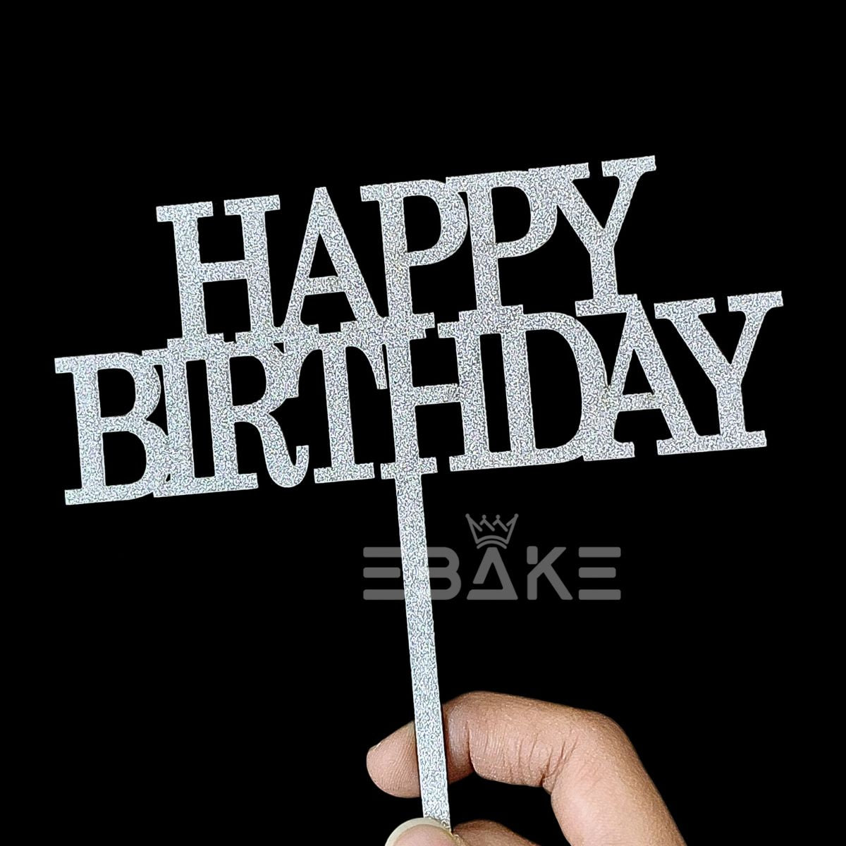 Happy Birthday Cake Topper 5 Inch Silver Shimmer MDF