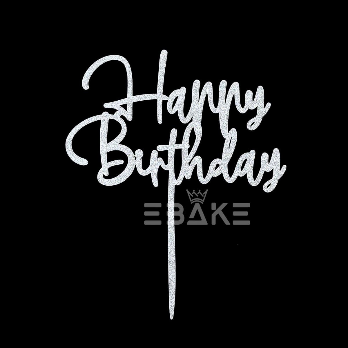 Happy Birthday Cake Topper 5 Inch Silver Shimmer MDF