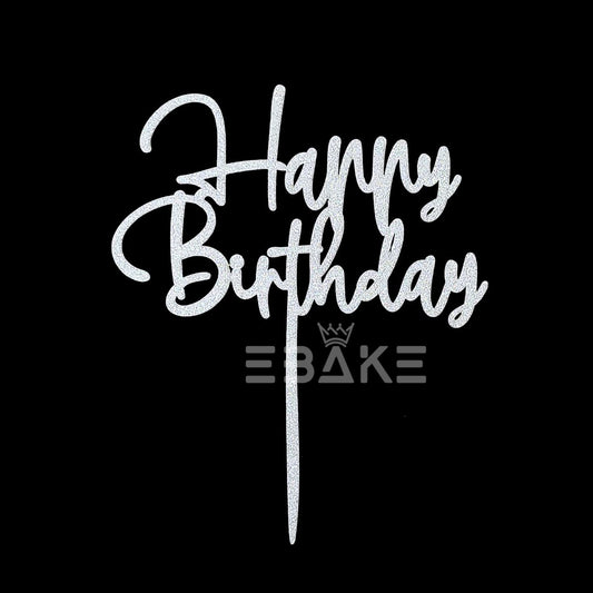 Happy Birthday Cake Topper 5 Inch Silver Shimmer MDF