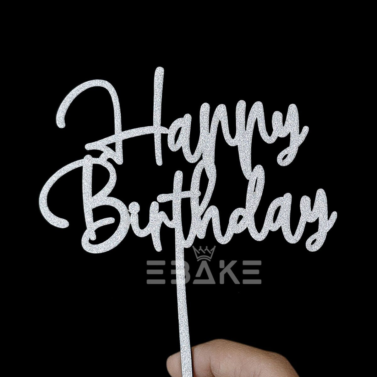 Happy Birthday Cake Topper 5 Inch Silver Shimmer MDF