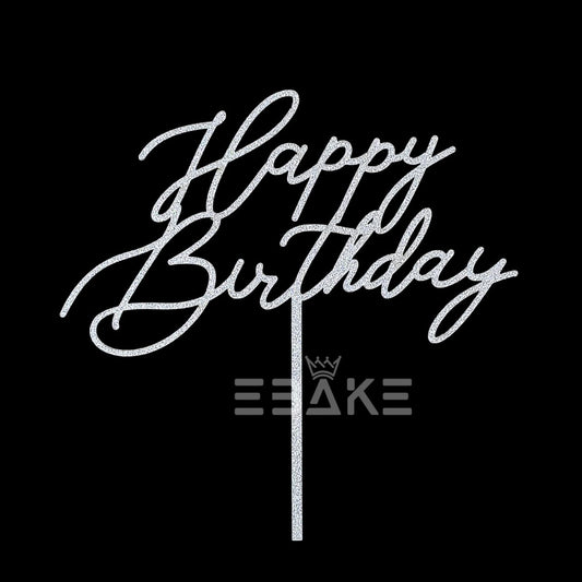 Happy Birthday Cake Topper 5 Inch Silver Shimmer MDF