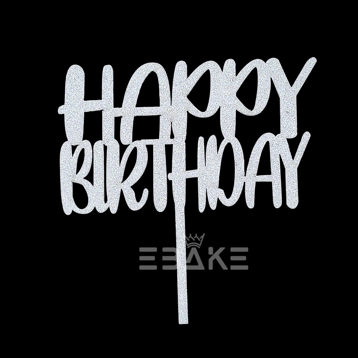 Happy Birthday Cake Topper 5 Inch Silver Shimmer MDF